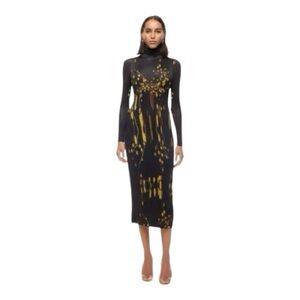 Prabal Gurung Turtleneck Midi Dress Long Sleeve Sheath Floral Black Yellow XS